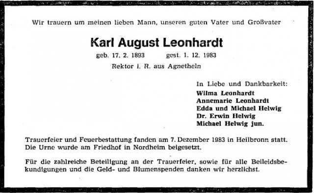 Leonhardt Karl August 1893-1983 Todesanzeige